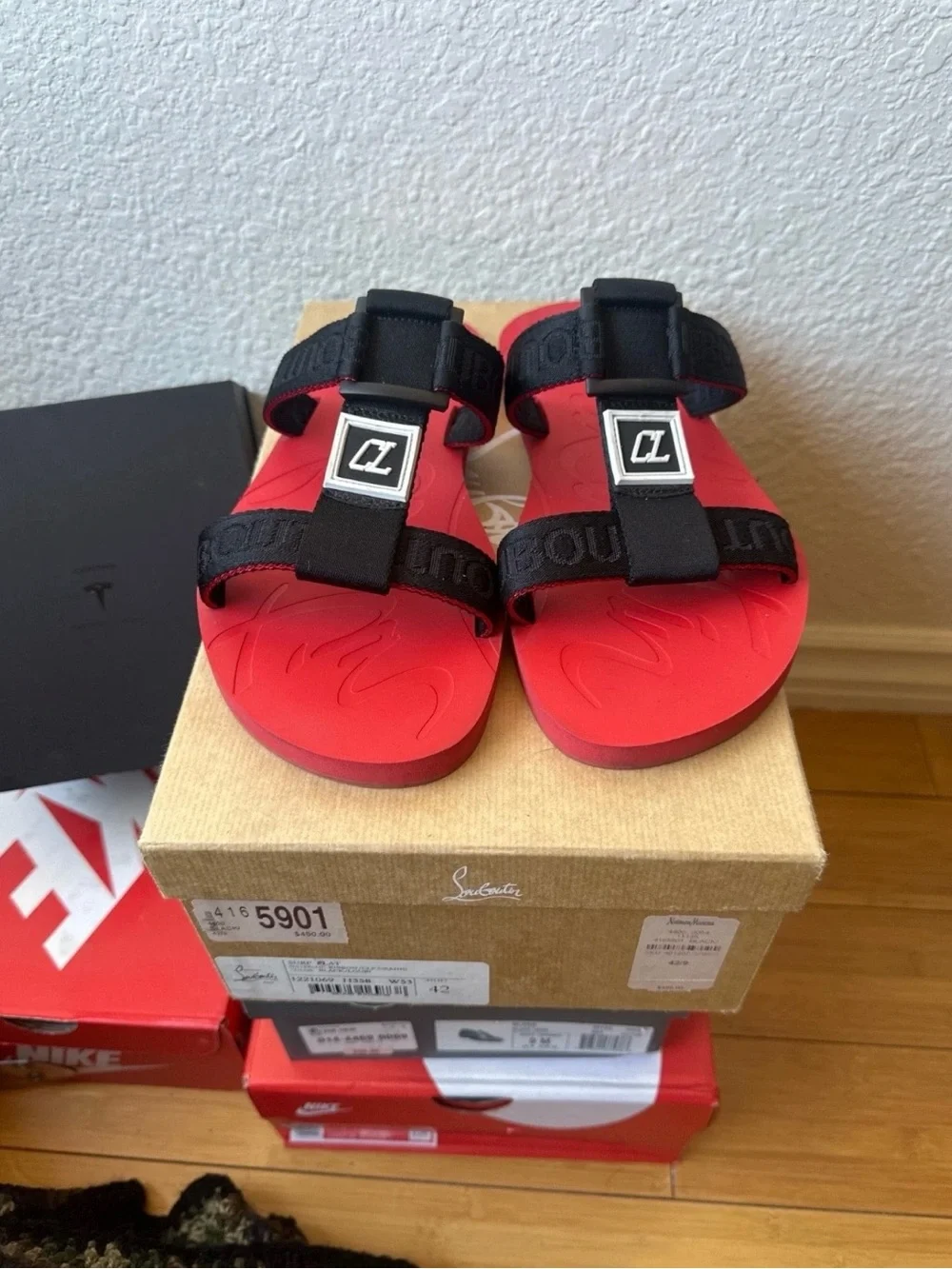 Christian Louboutin Red Footbed Sandals with Black Logo Straps
